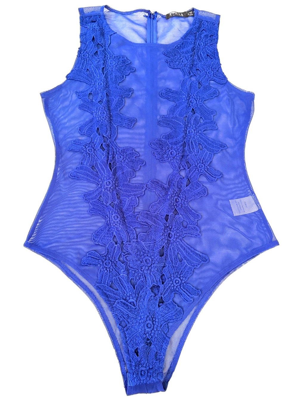 Rehab Sheer Floral Applique Blue Lace Bodysuit w/ Back Zipper